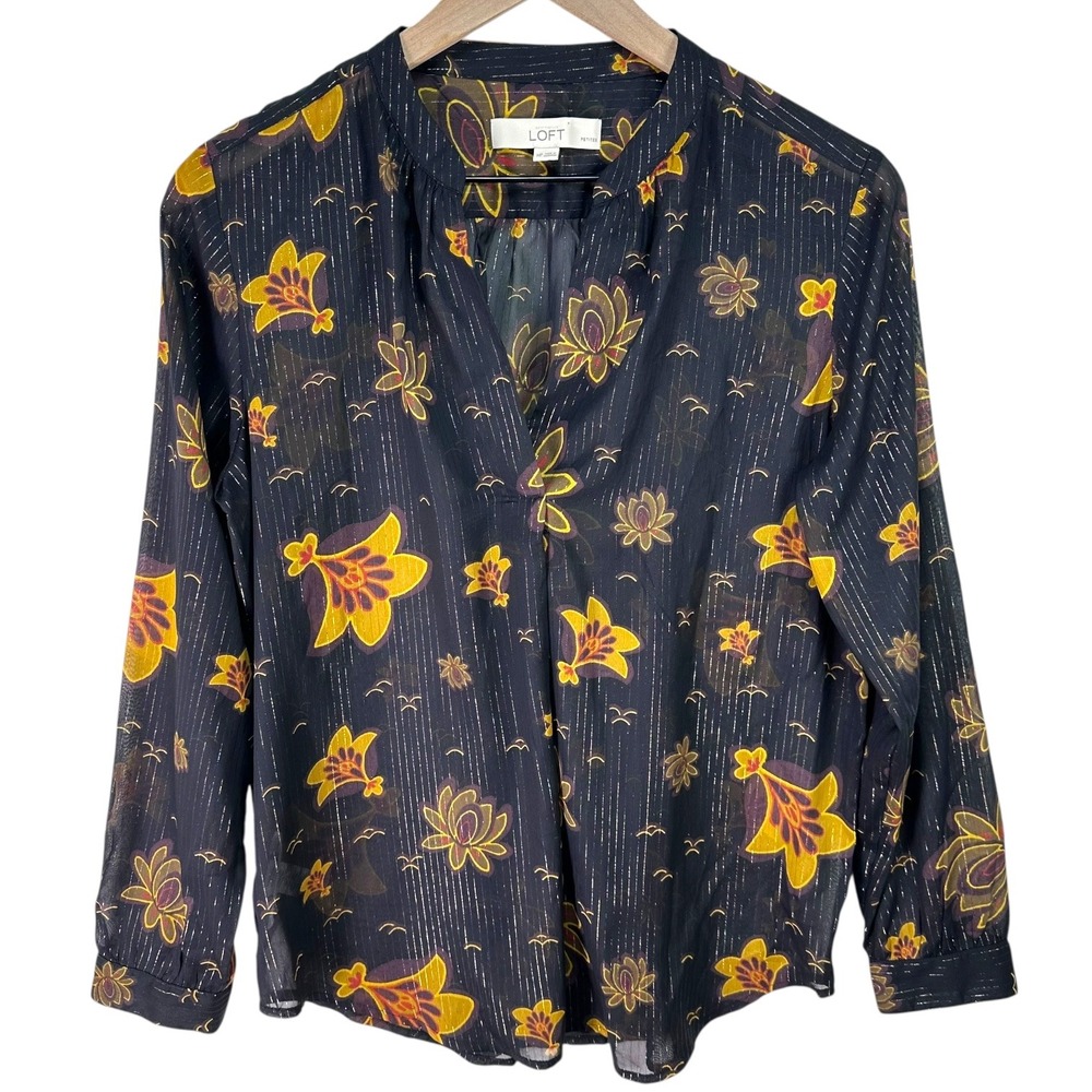 LOFT Petite Sheer Floral Blouse Black Yellow Stripe Long Sleeve Top MP Medium